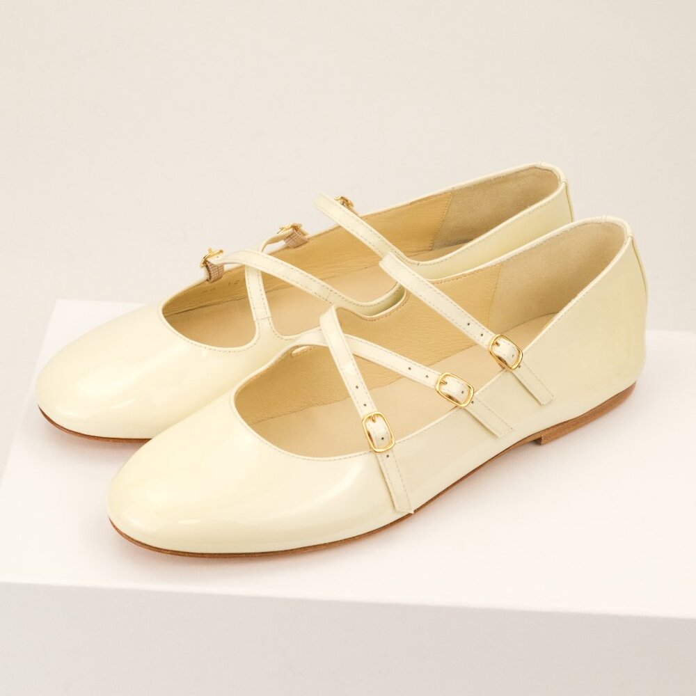 CELINE Criss-Cross Babies Ballerina Flats, Ivory Patent Leather - Picture 3 of 10